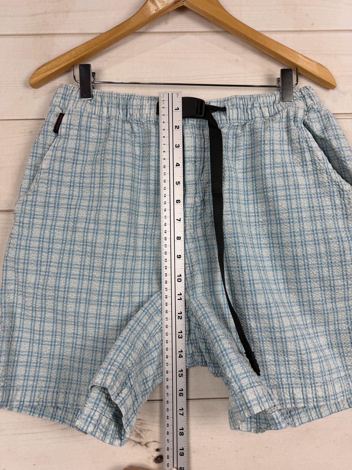 Vintage Gramicci Shorts Womens XL Blue Check Elastic Waist Belted Hiking USA