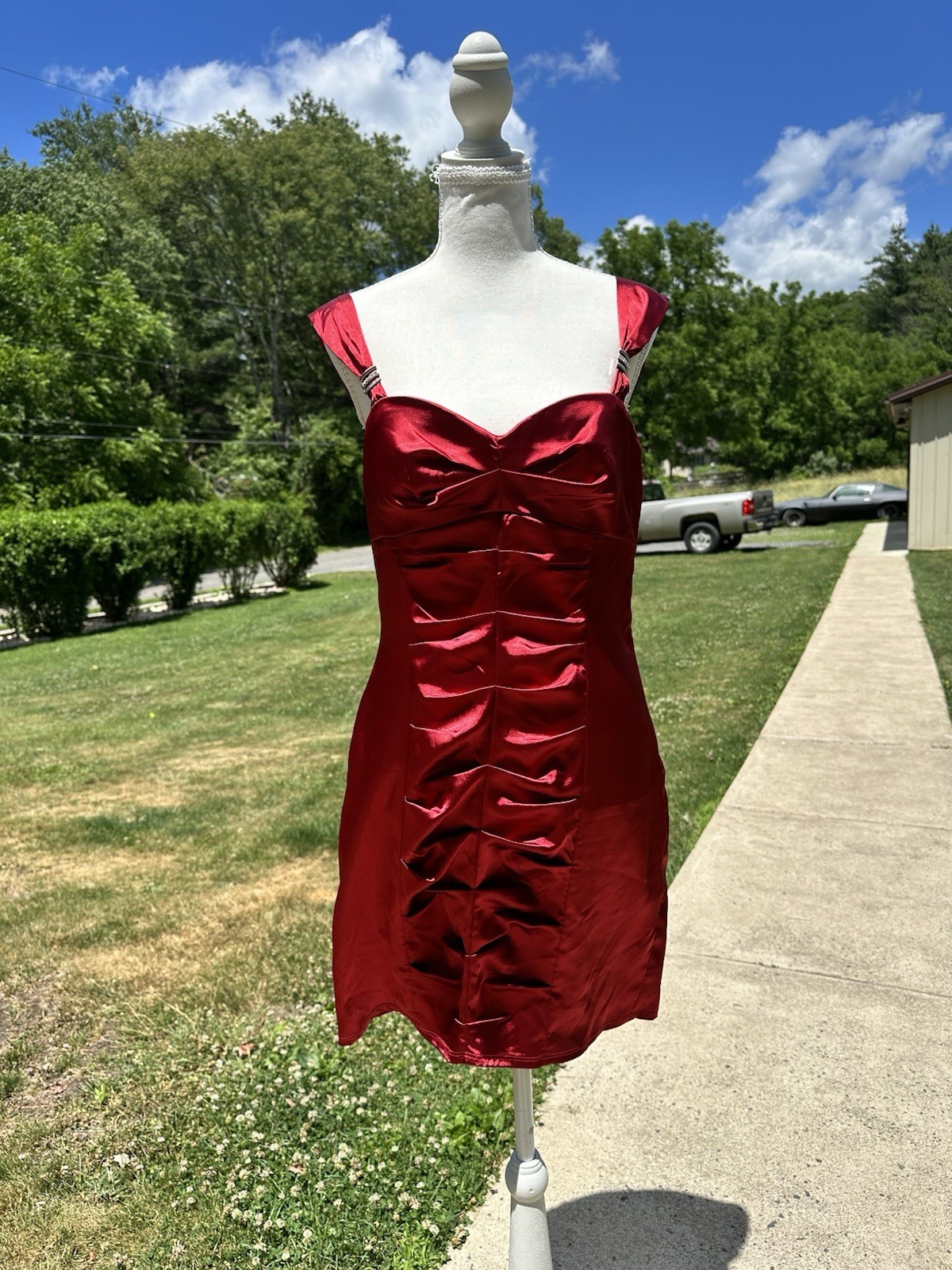 Y2K Red Satin Ruched Sweetheart Strappy Sleeveless Mini Dress 13