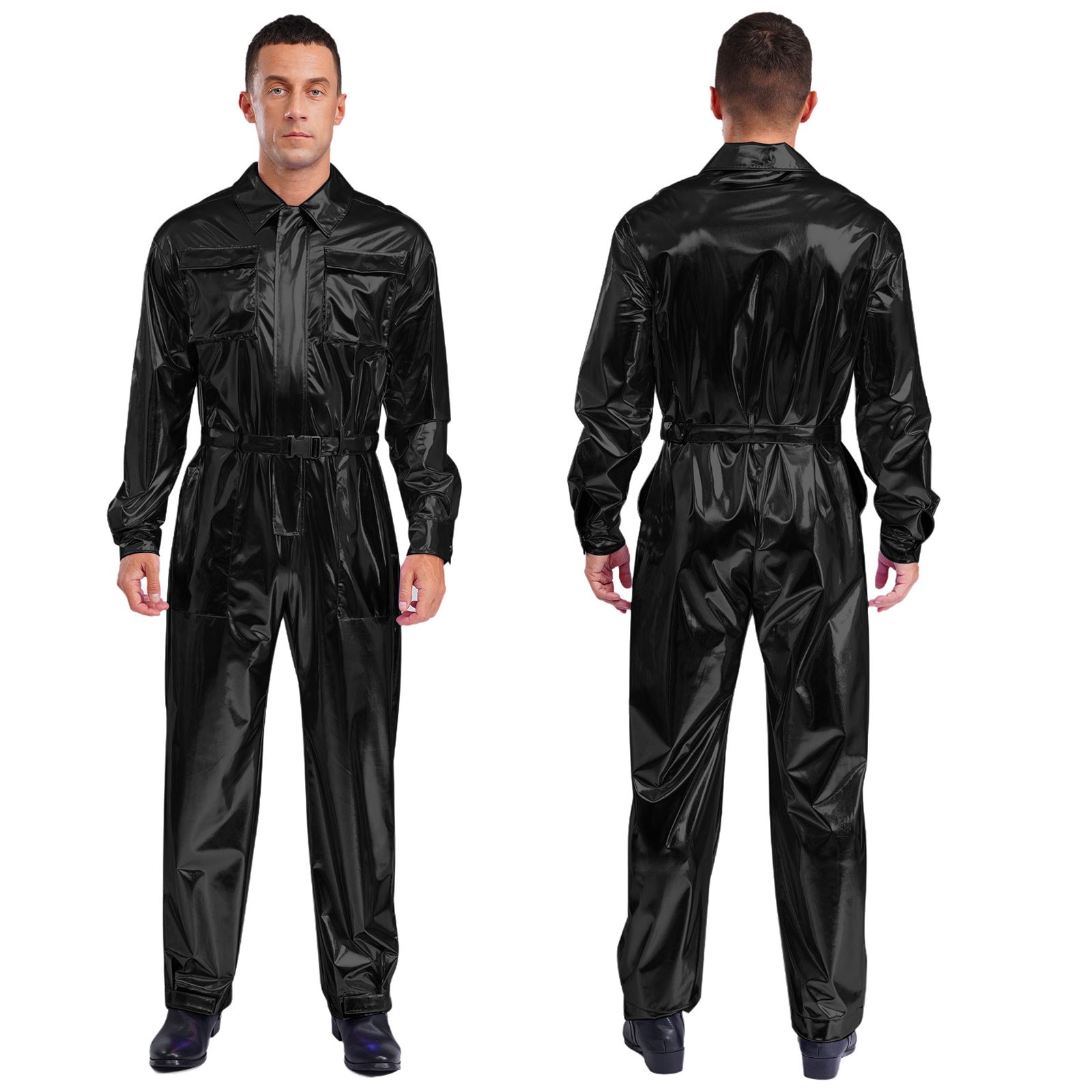 Men’s Shiny Metallic Overalls Turn-down Collar Long Sleeves Jumpsuit Clubwear