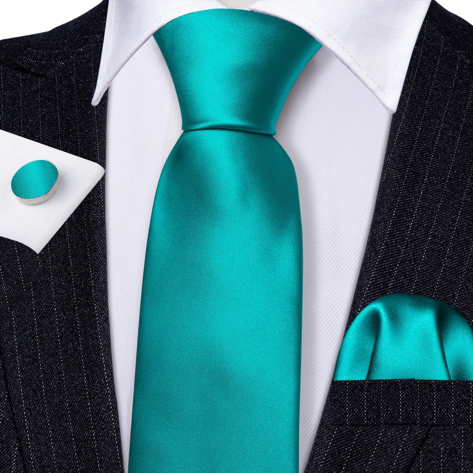 Men’s Silk Necktie Set Turquoise Solid Wedding Business Pocket Square Cufflinks