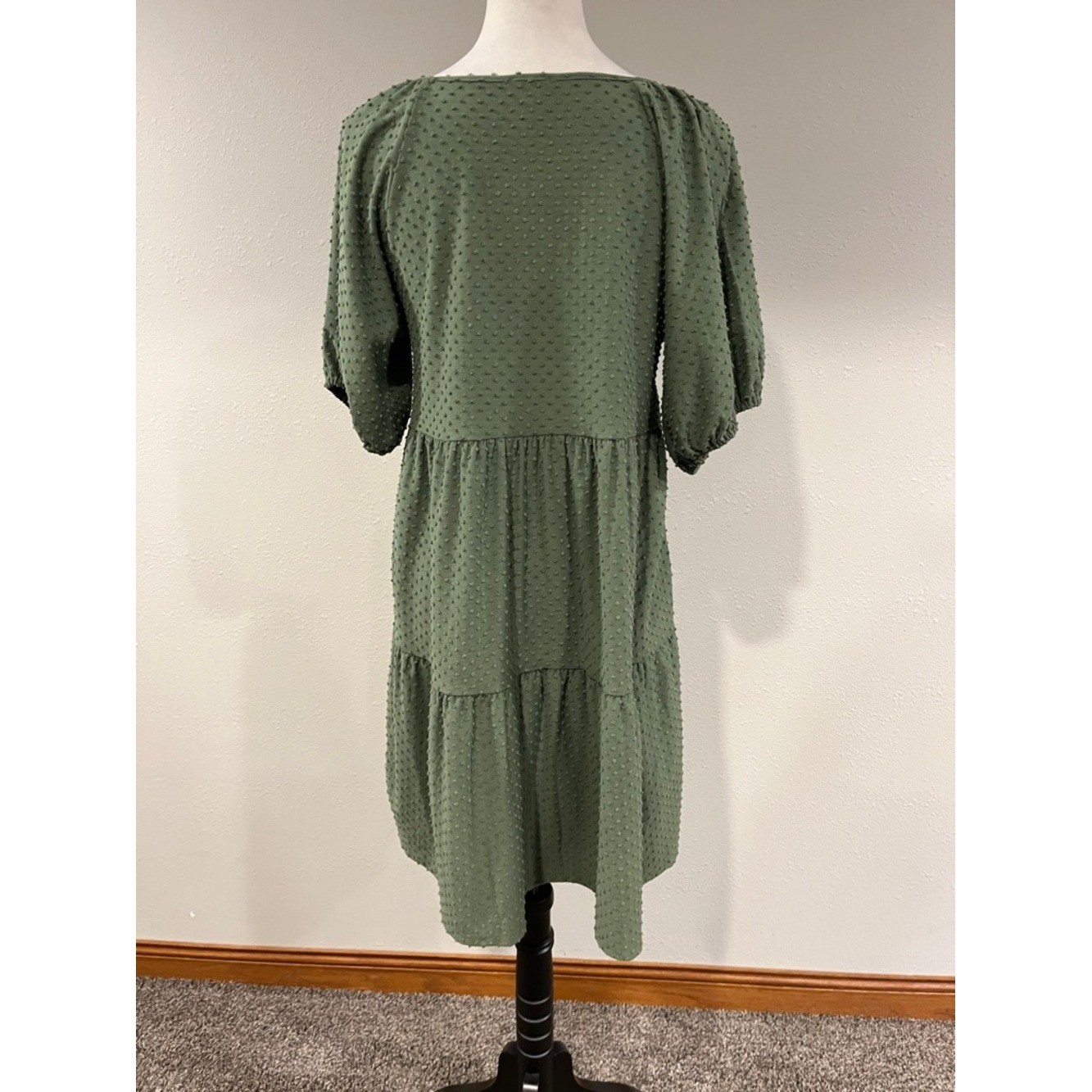 J. Crew Olive Green Textured Tiered puffy short sleeves Midi Dress