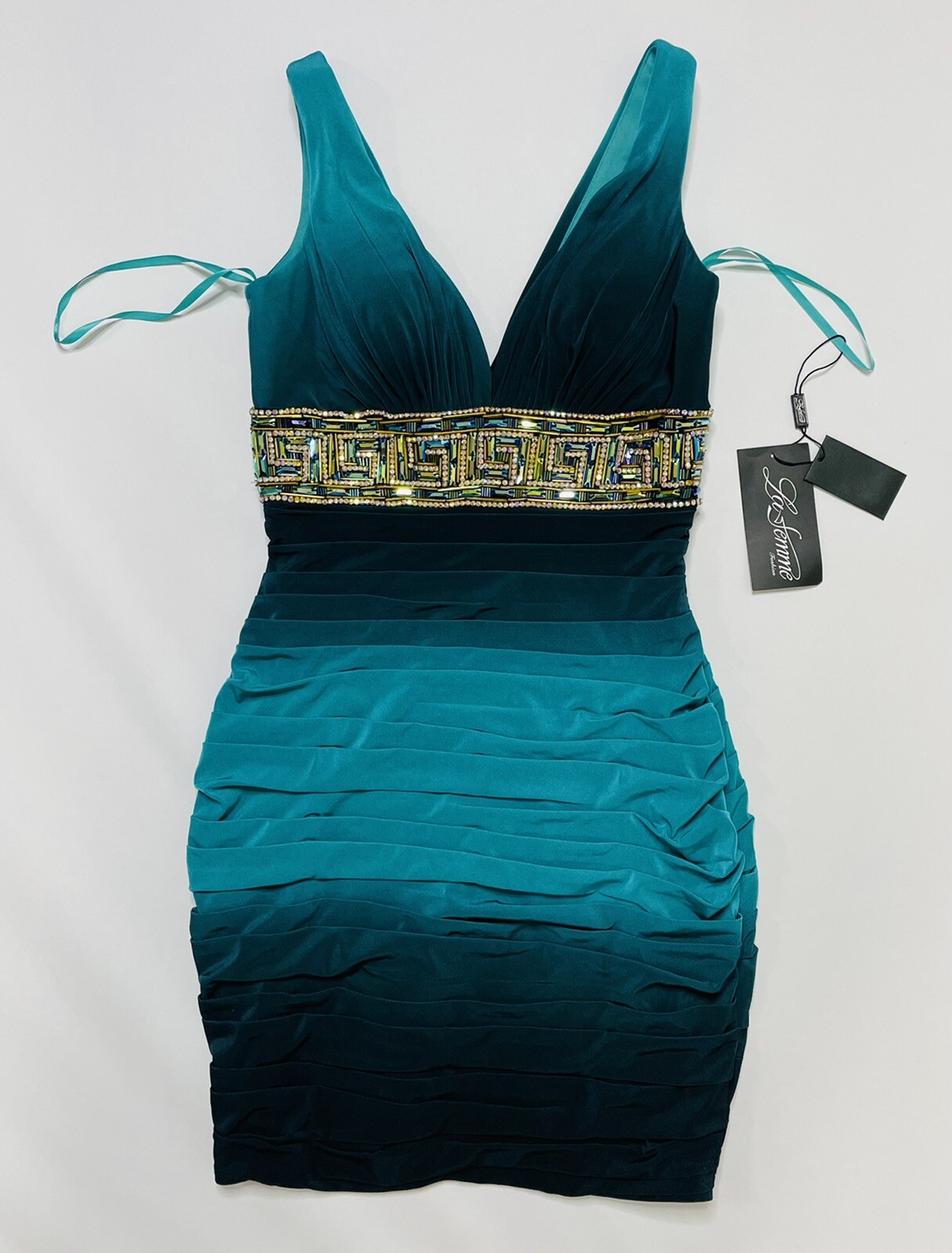 NWT La Femme 18703 Teal Black Ombre Beaded Cocktail Dress Prom Party Size 4