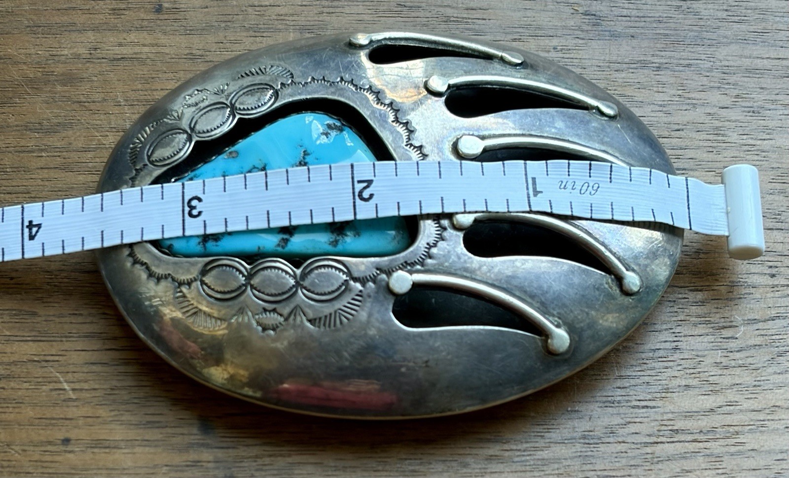 Signed Vintage Navajo Shadowbox Sterling Silver Turquoise Bear Claw Belt Buckle