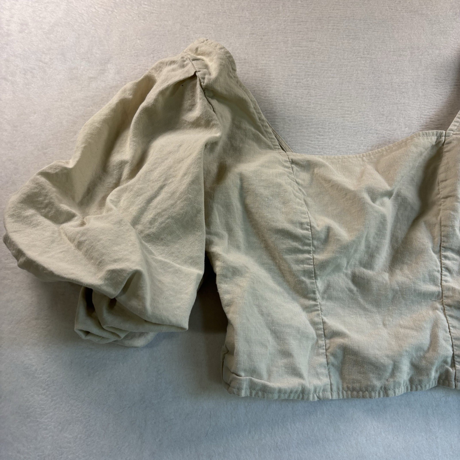 Open Edit Women’s Beige Smocked Cropped Puff Short Sleeve Square Neck Blouse S