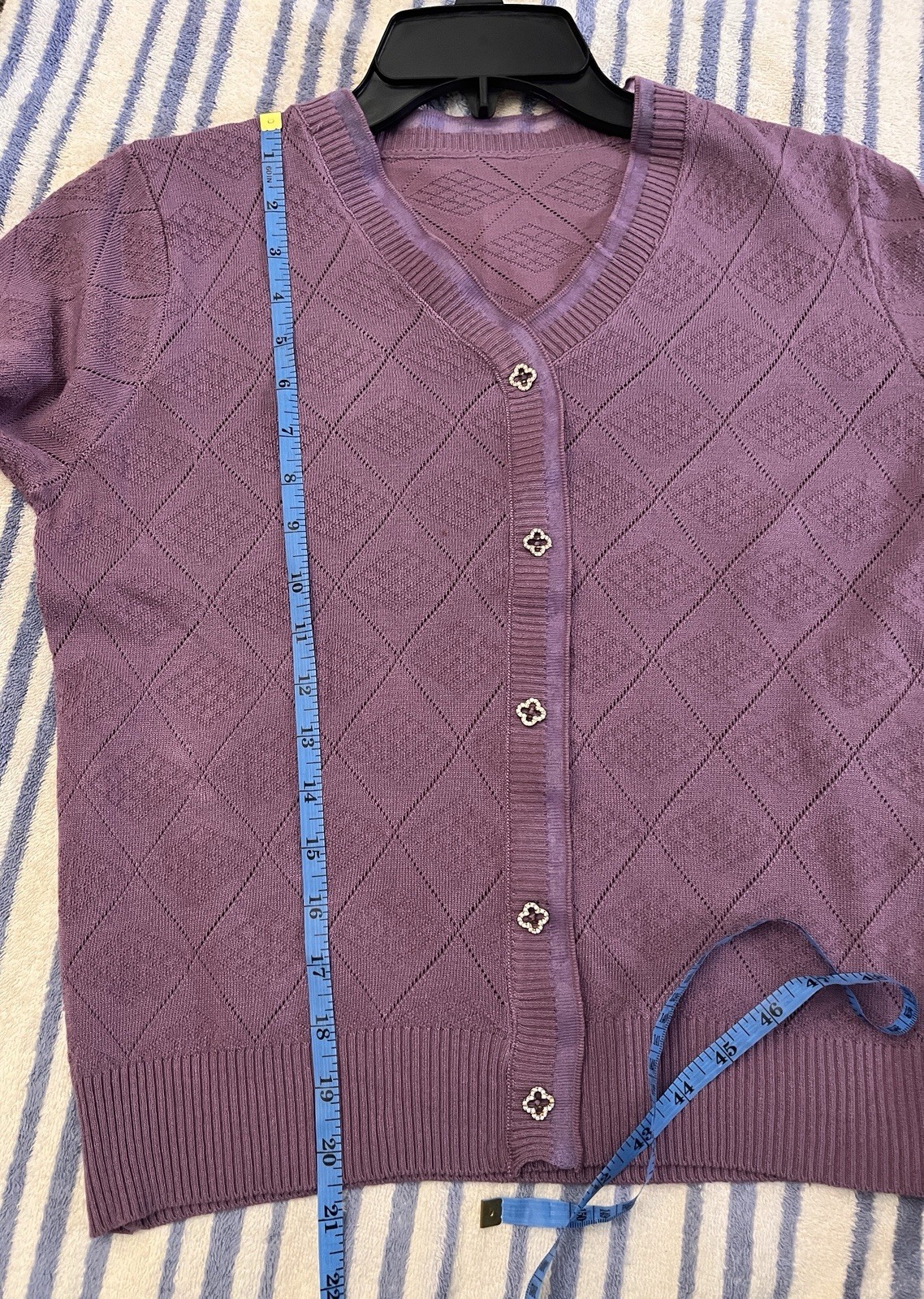 Purple Argyle Knit V-Neck short-sleeved knit pullover lace button Front Size M
