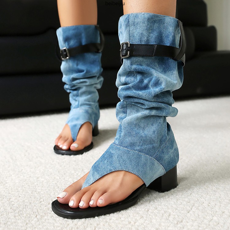 Women‘s Roman Gladiator Denim Boots Sandals Flip Flop Shoes Thongs Belt Casual