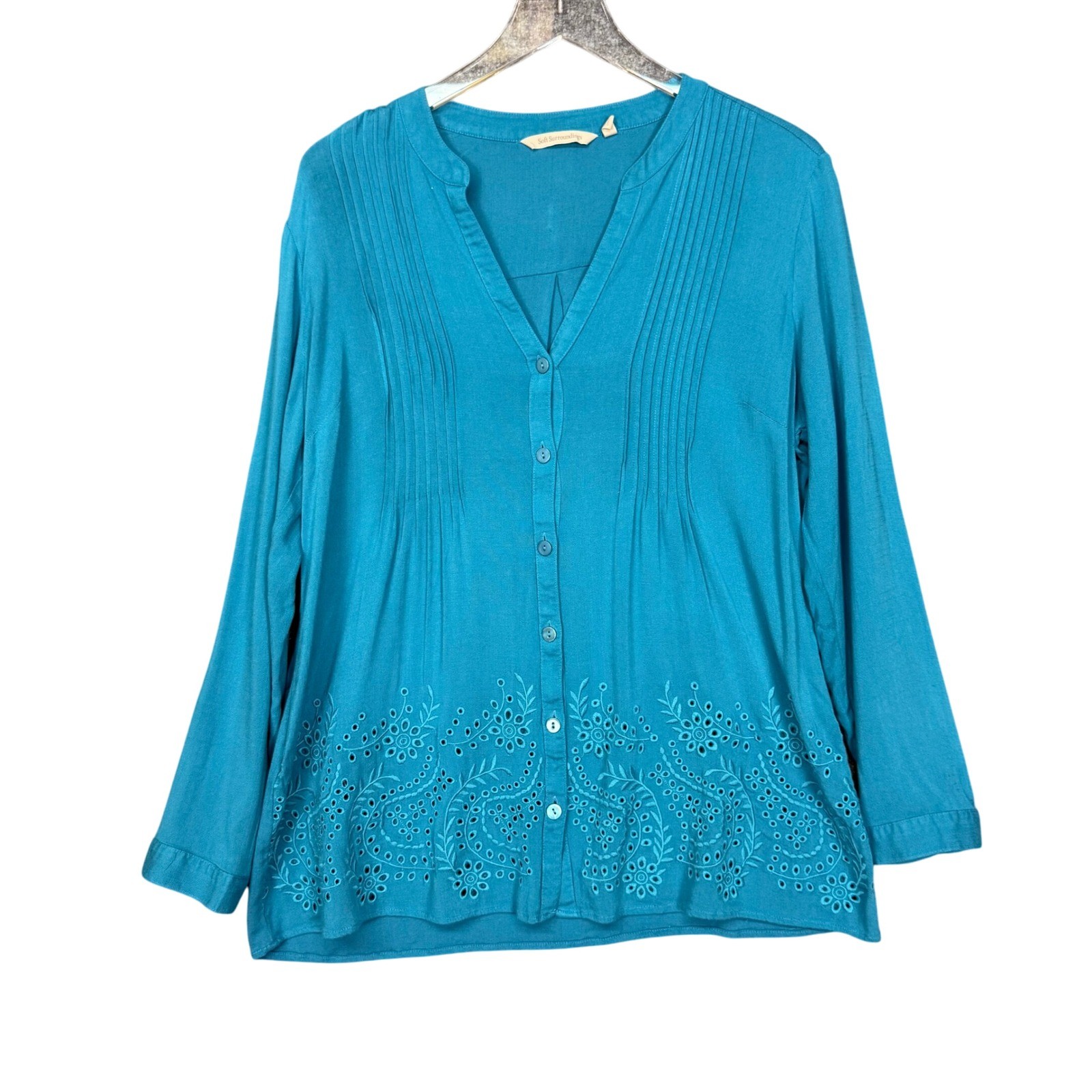 Soft Surroundings Top Womens Medium Teal Blue Eyelet Embroidered Blouse Pintuck