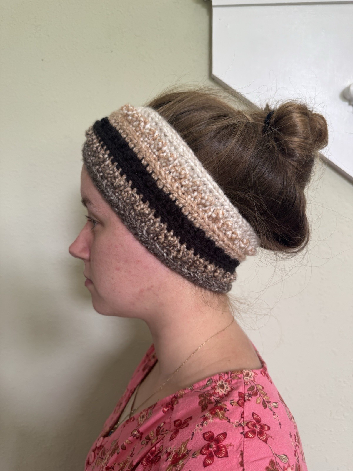 Knit Striped Headband Ear Warmer, Beige Black Brown, Stretch