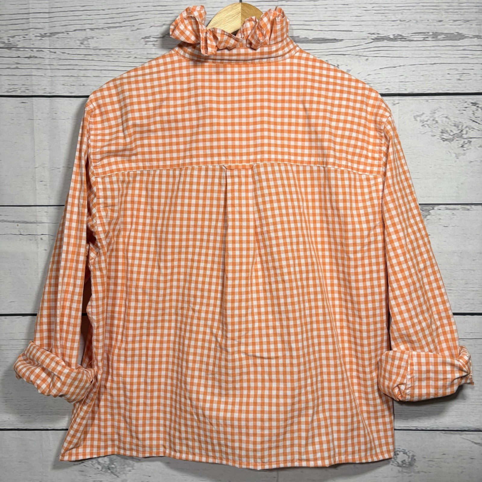 Upcycled Orange Gingham Check Ruffle Collar Oxford Shirt Womens Preppy VIRAL