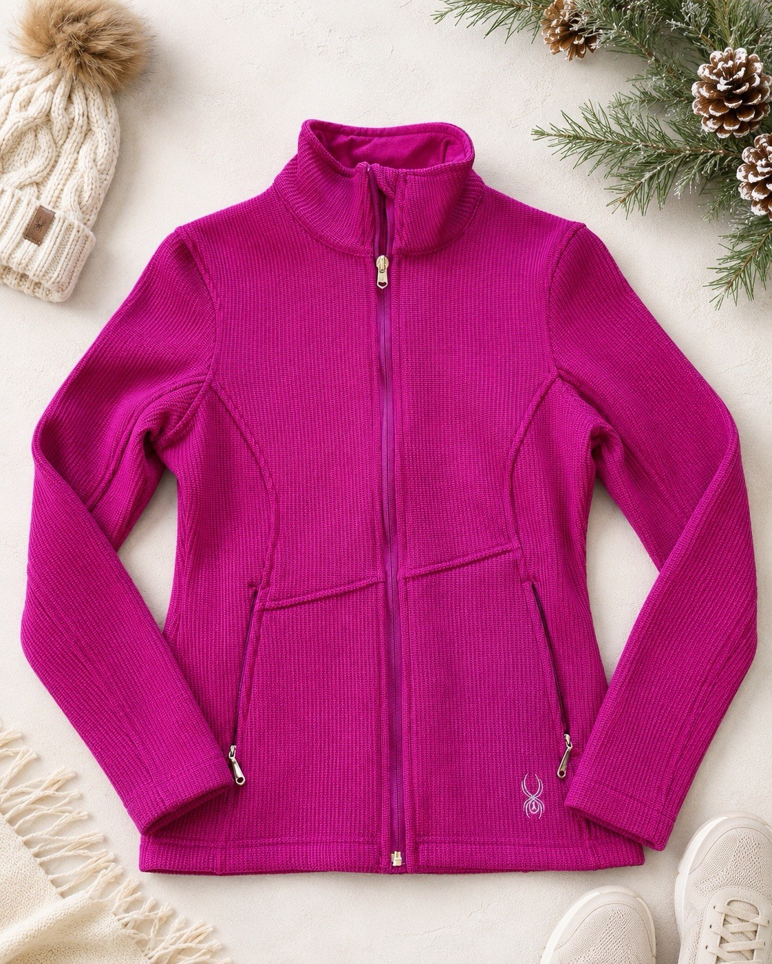 Spyder Core Sweater Jacket Womens Small Pink Full Zip Waffle Knit Fleece