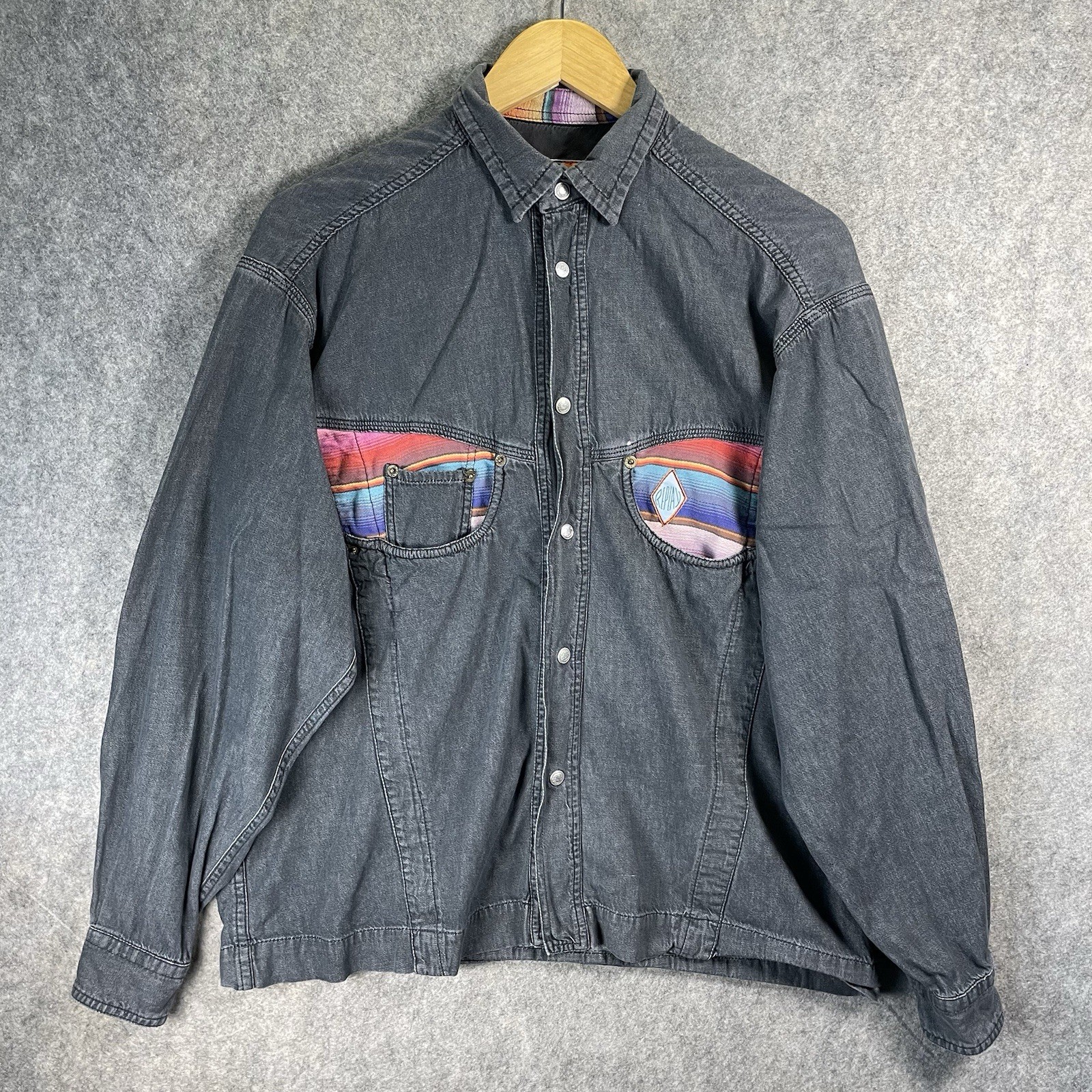 Replay Denim Chore Jacket Mens Large Grey Multicolour Aztec Panel Button Up