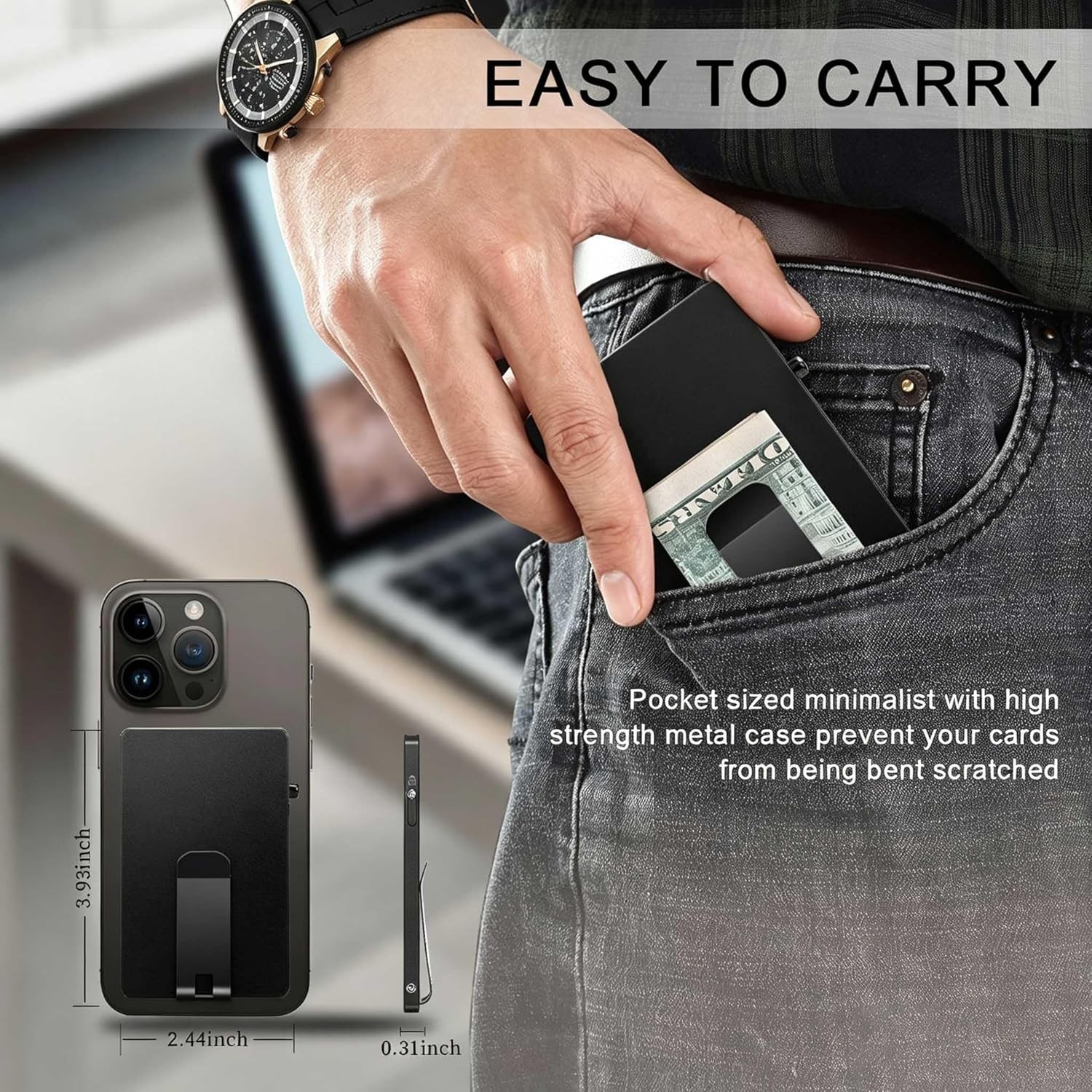 Ultra Thin MagSafe Wallet RFID Blocking Card Holder with Money Clip (Black)