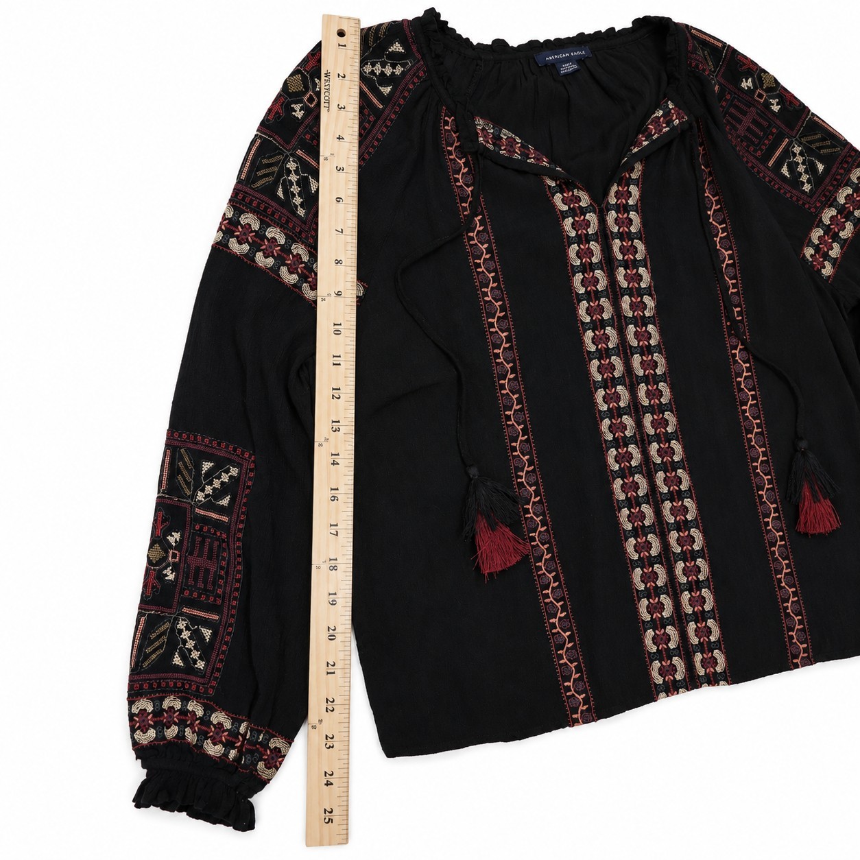 American Eagle Embroidered Boho Peasant Top Women’s Small Black Tassel Viscose