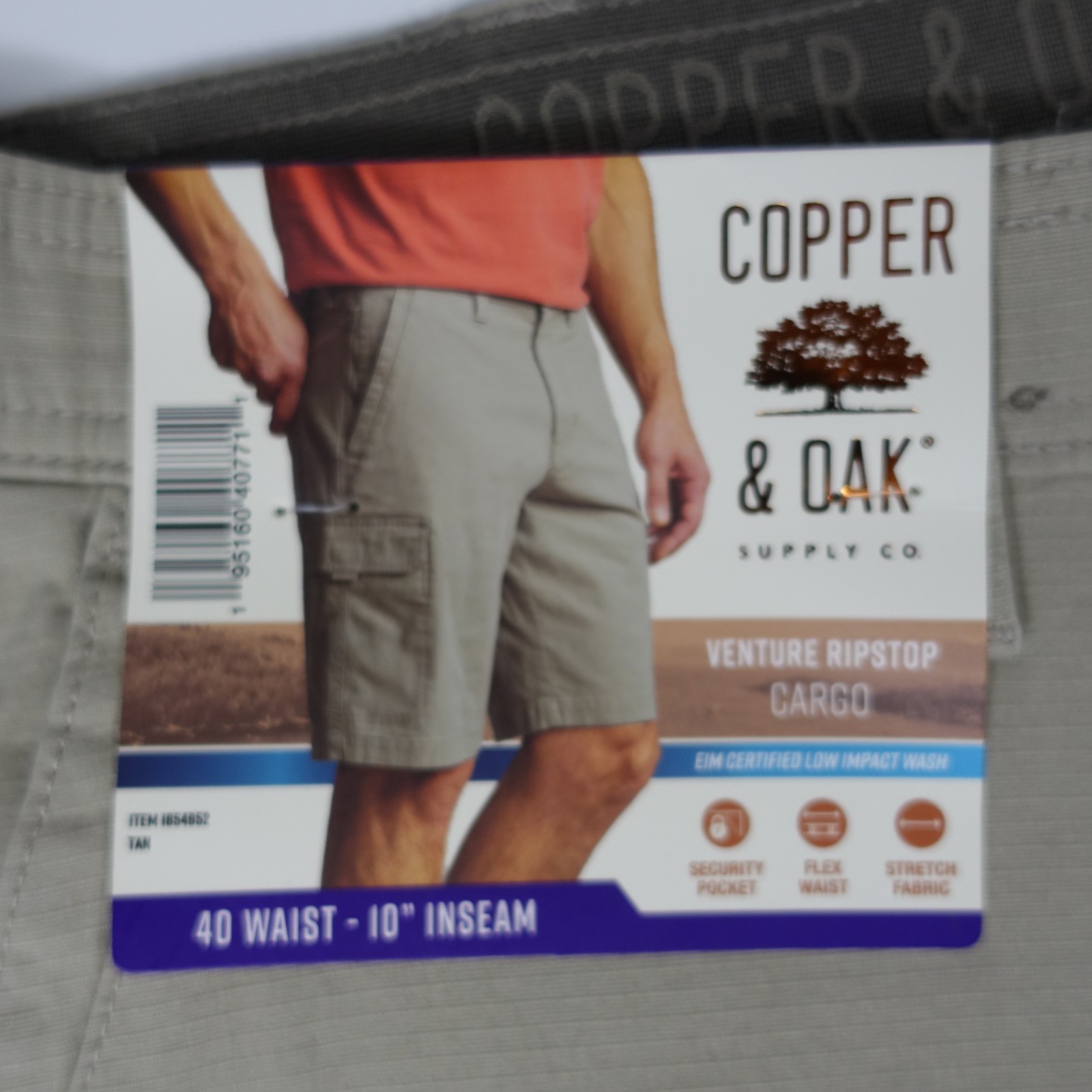Copper and Oak Men Cargo Shorts 40 Ripstop Security Pocket Flex Waist Stretch