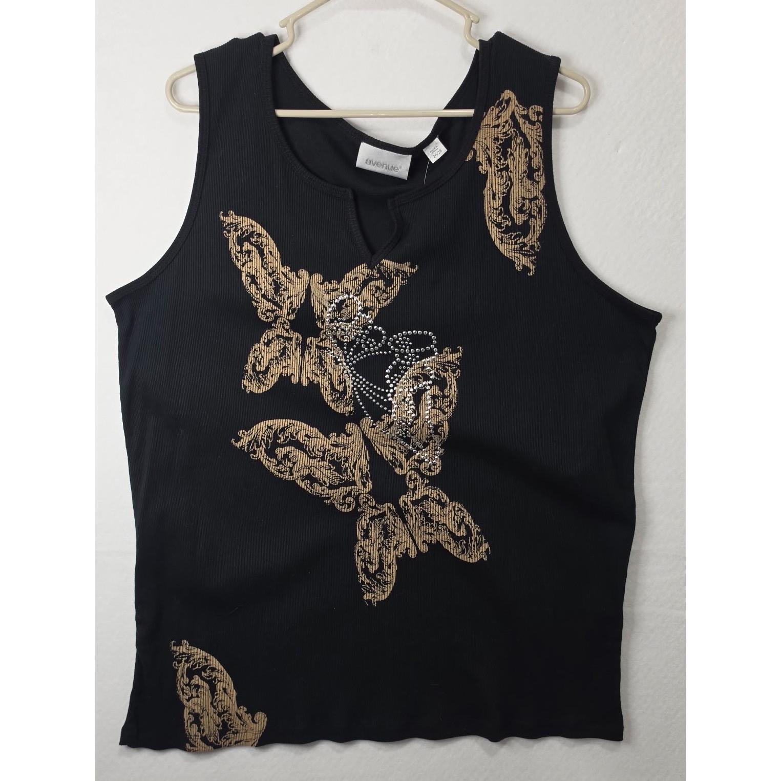 Avenue Womens Plus Size 26/28 Black Ribbed Rhinestone Graphic Tank Top