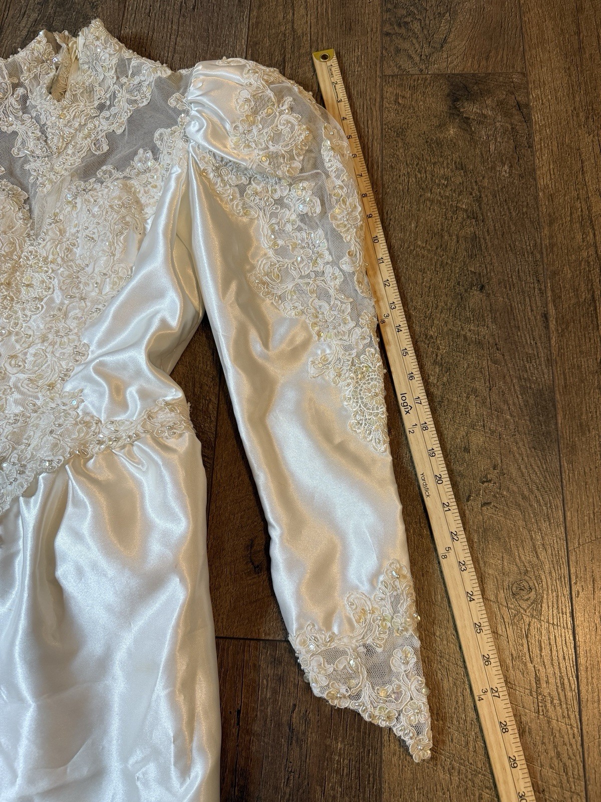Vtg Mori Lee Satin Wedding Dress High Neck Puffed Sleeves Beading Lace Sz 8