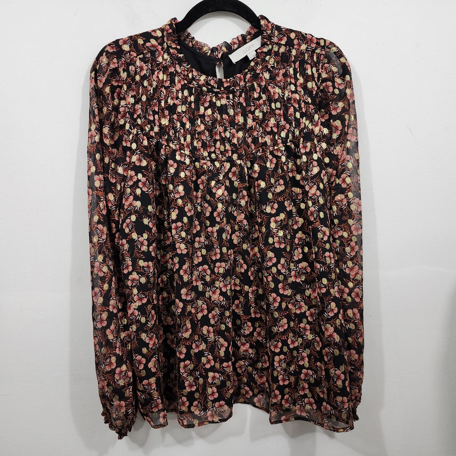 LOFT Shimmer Vine & Geo Clip Pleated Yoke Tops Set Womens L Long Sleeve Sheer