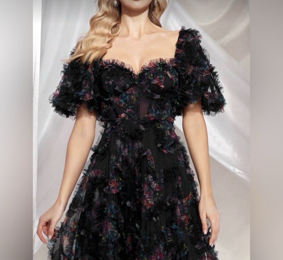 SHEIN Black Floral Ruffle Sweetheart Backless Maxi Ball Gown Dress Women’s L