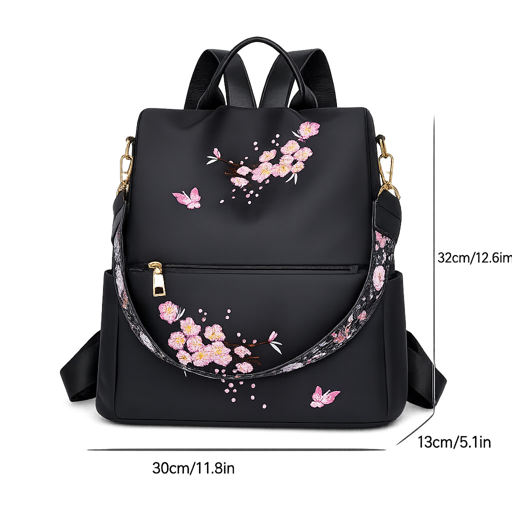 Women Cherry Blossom Embroidery Backpack Anti-Theft 2in1 Shoulder Bag Black