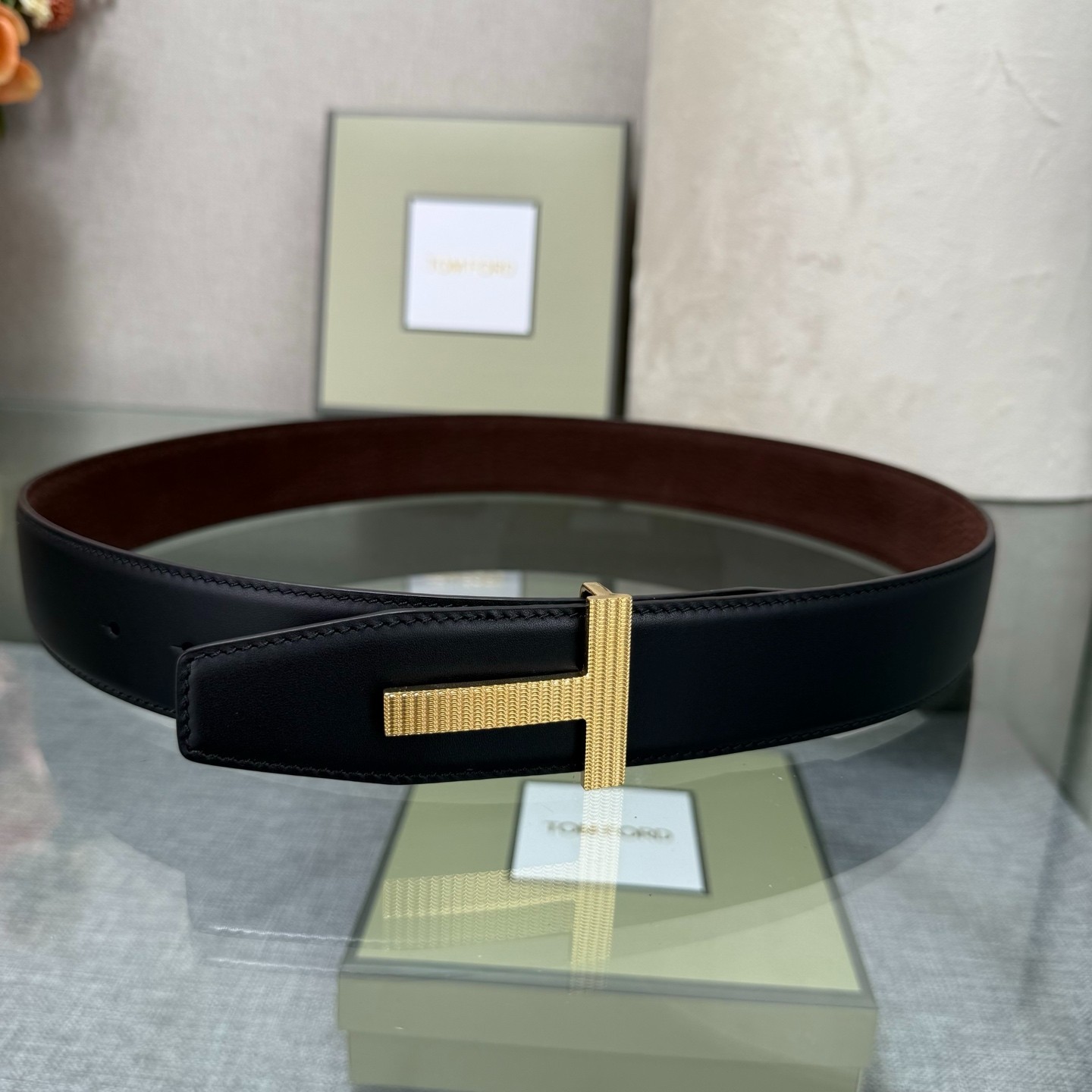 Authentic Tom Ford Reversible Leather T-Buckle Belt Luxury Designer Fashion