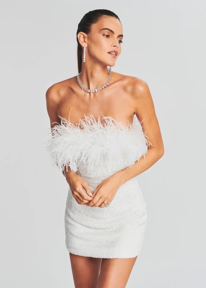 Retrofete Torin Sequin Feather Off Shoulder Mini Dress Little White S Small