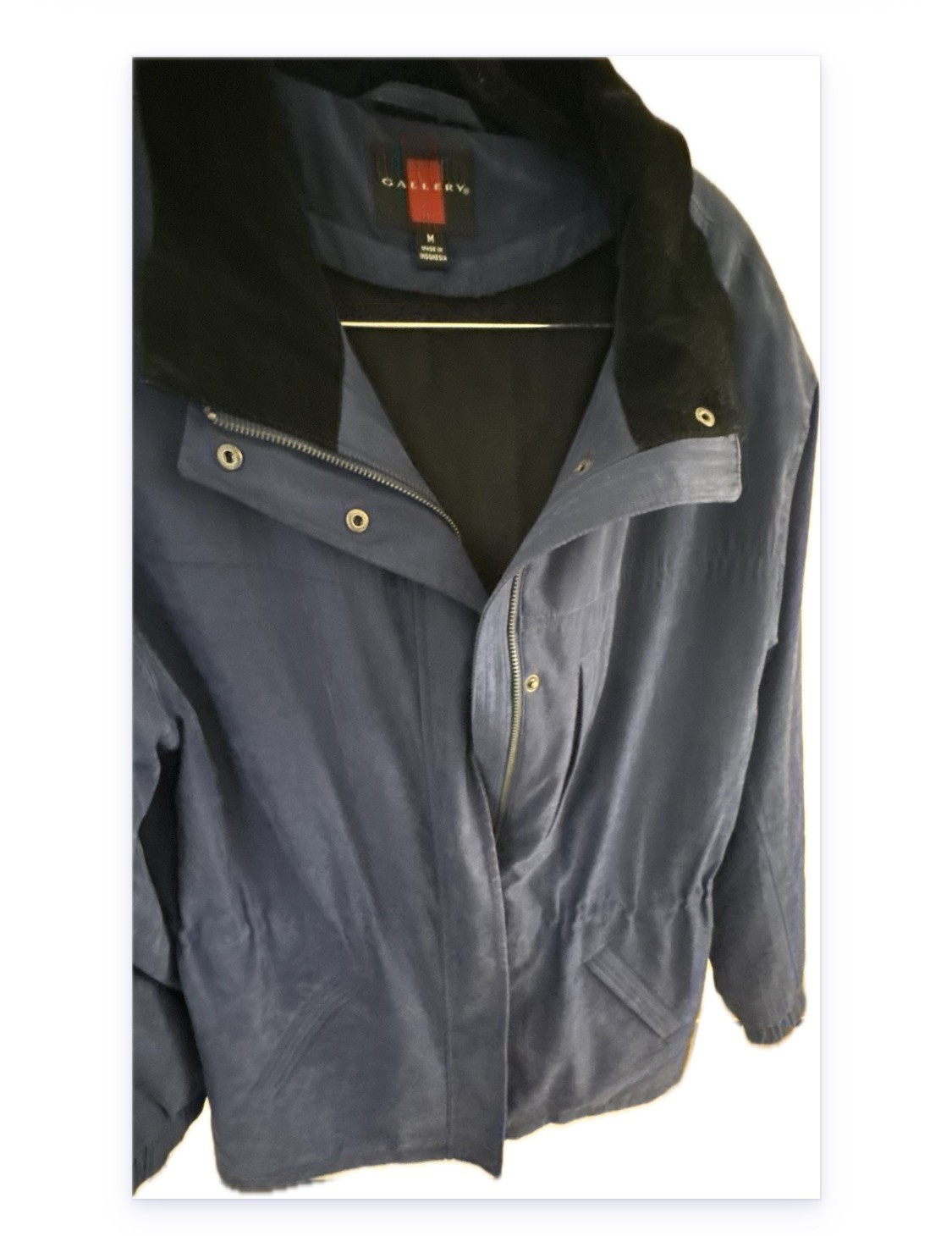 Men Gallery Blue w/ Black Velvet Trim Parka Jacket L Zip Lining