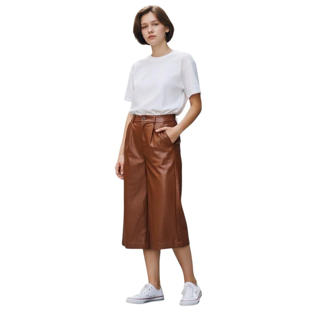 Abercrombie & Fitch Pants Womens XS Brown Faux Leather Cropped Wide Leg Culotte