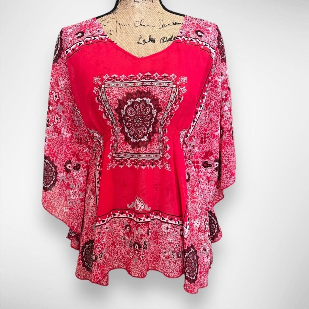 ALLISON BRITTNEY Pink White Black Kaftan Style Boho Lightweight Blouse | EUC