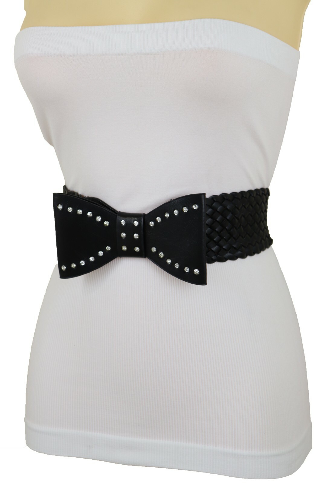 Women Bow Tie Ribbon Buckle Braided Waistband Black Elastic Strap Fashion Belt S