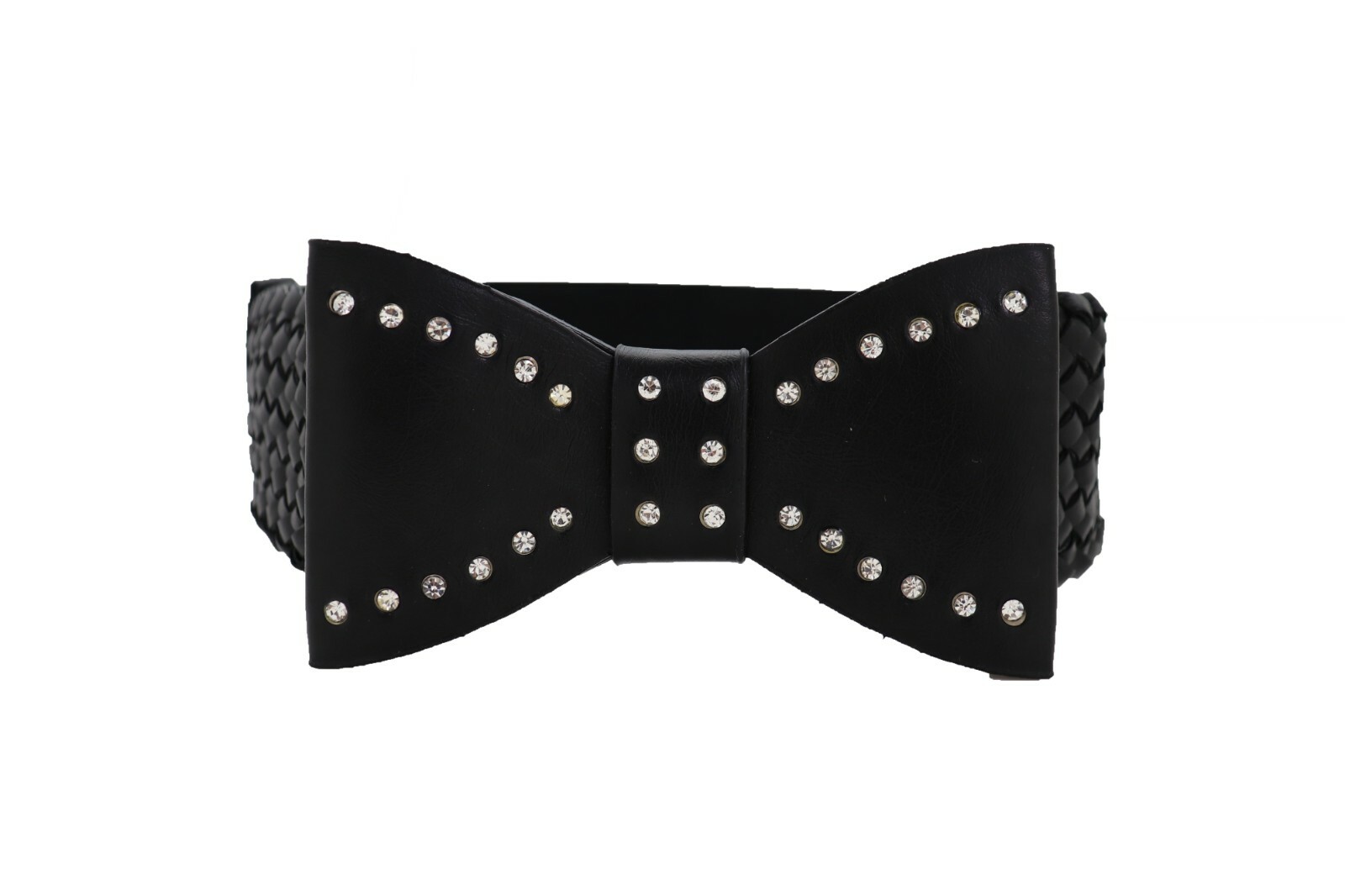 Women Bow Tie Ribbon Buckle Braided Waistband Black Elastic Strap Fashion Belt S