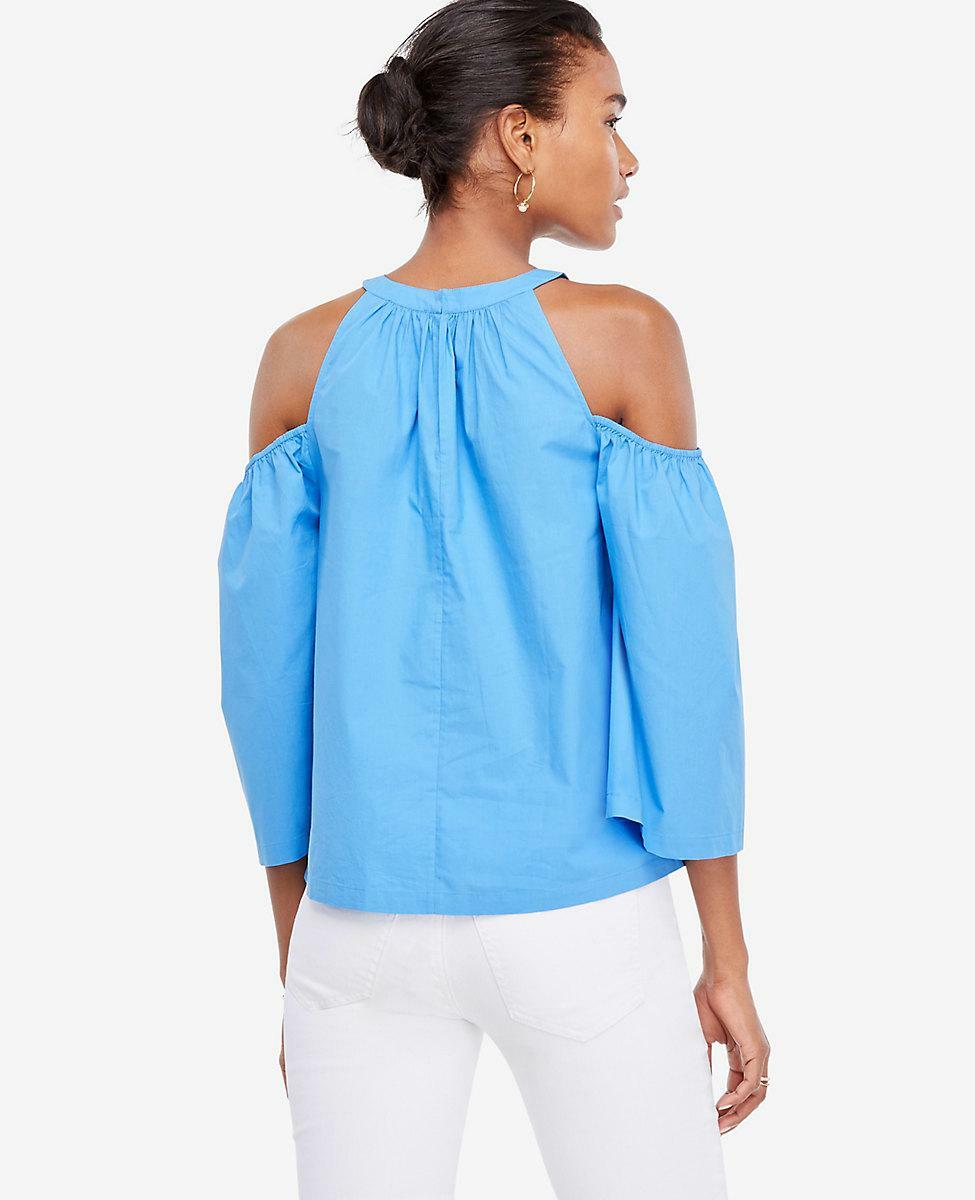 NWT Ann Taylor Poplin Structured Cold Shoulder Top MSRP $69.50 French Blue XXS