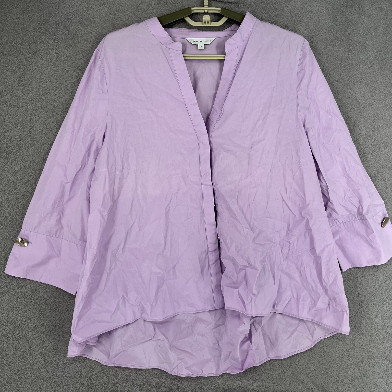 Veronika Maine Top Womens 8 Purple Button Relaxed Sleeve V Neck