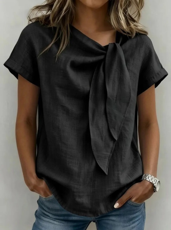 Women’s Bow Neck Short Sleeve Blouse Casual Solid T-Shirt