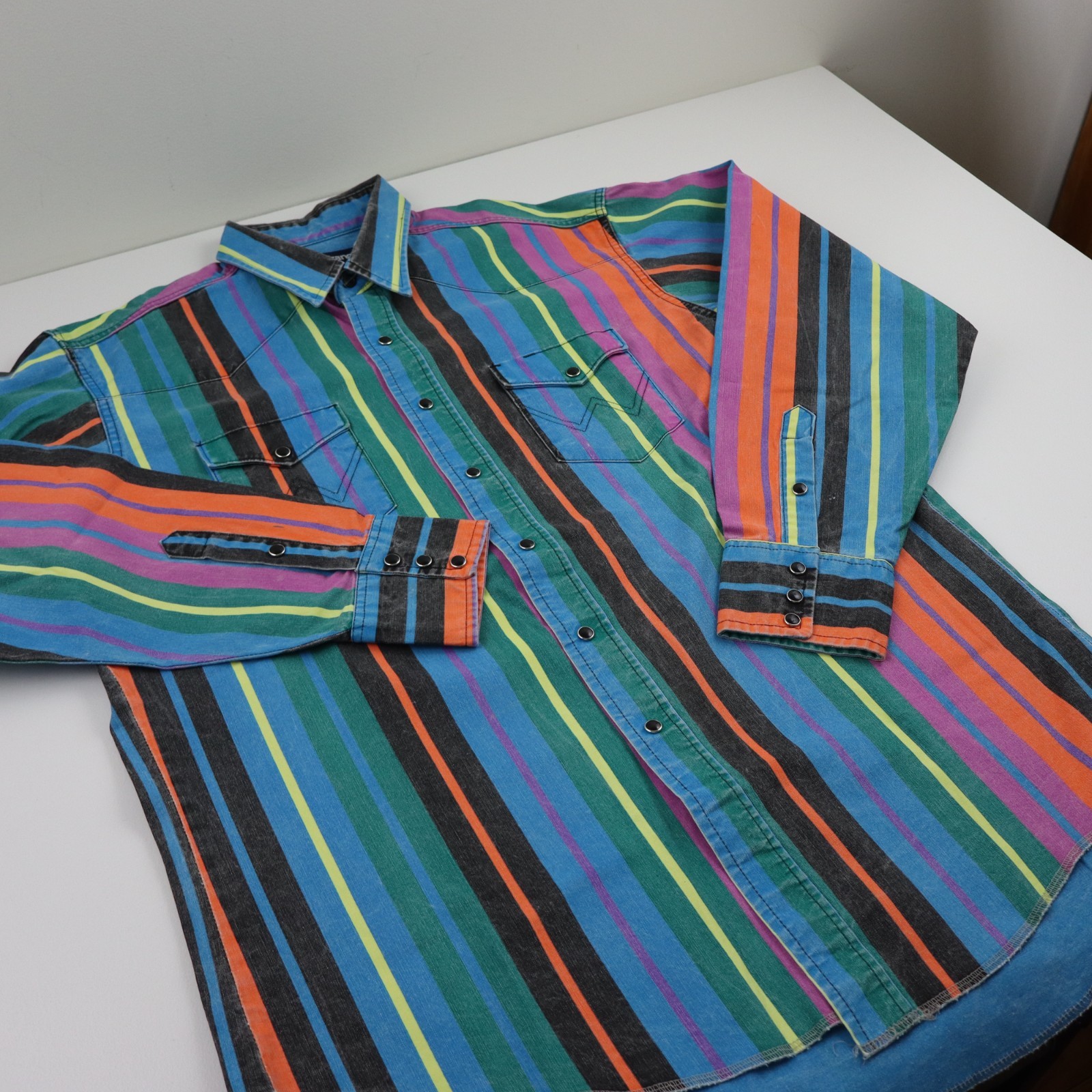 Vintage Wrangler Brushpopper Western Shirt Mens 17/35 Large Striped Made In USA