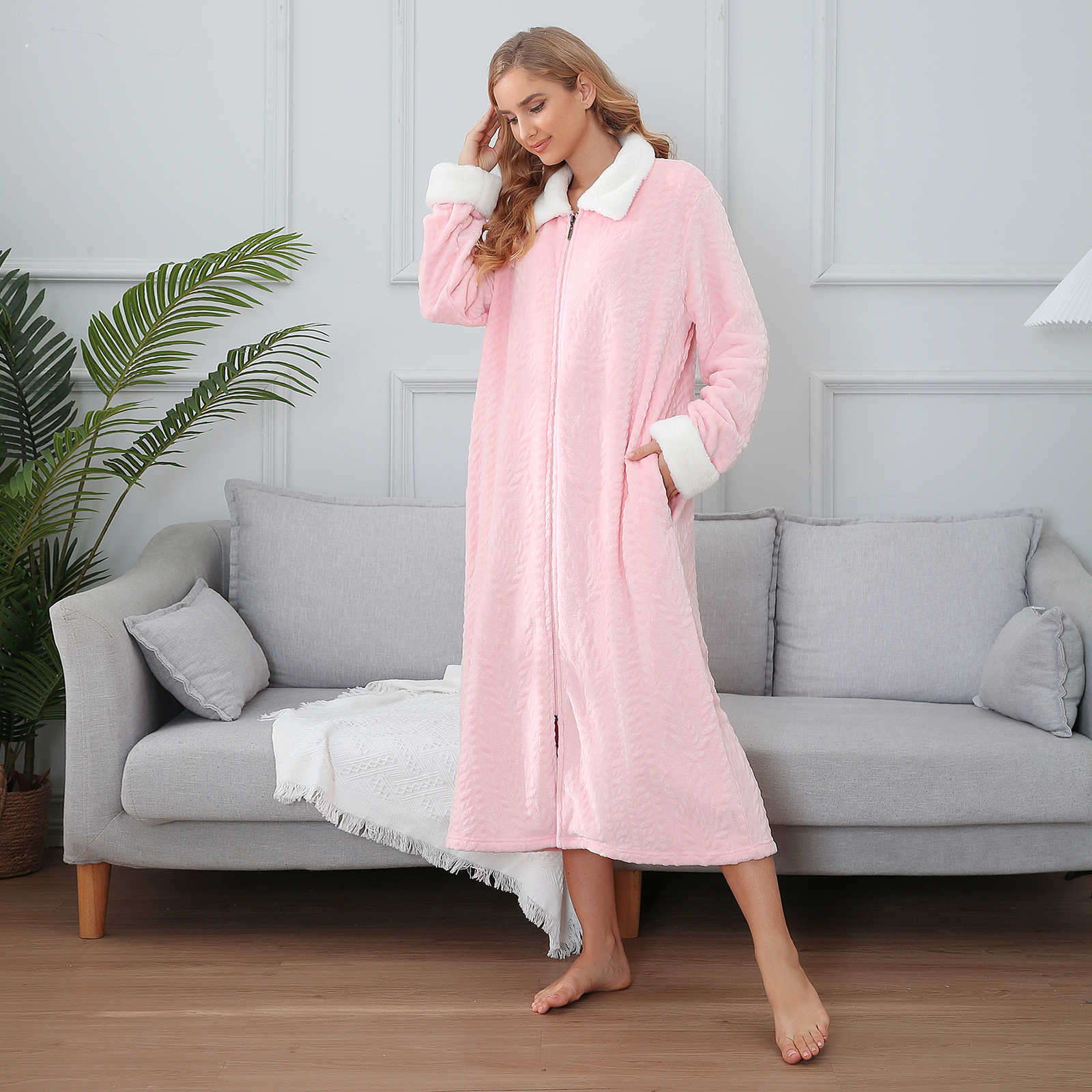 RH Women Fleece Robe Plush Long Zip Front Warm Soft Zippered Bathrobes RHW4047