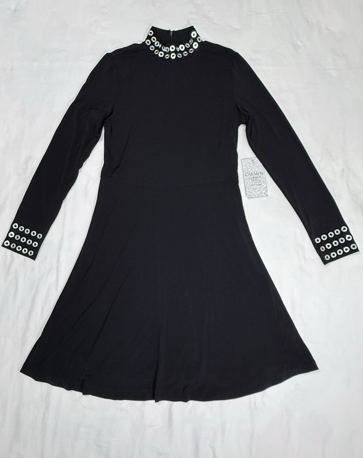 Carmen Marc Valvo Size 4 Black Fit & Flare Dress Silver Grommet Accents Womens