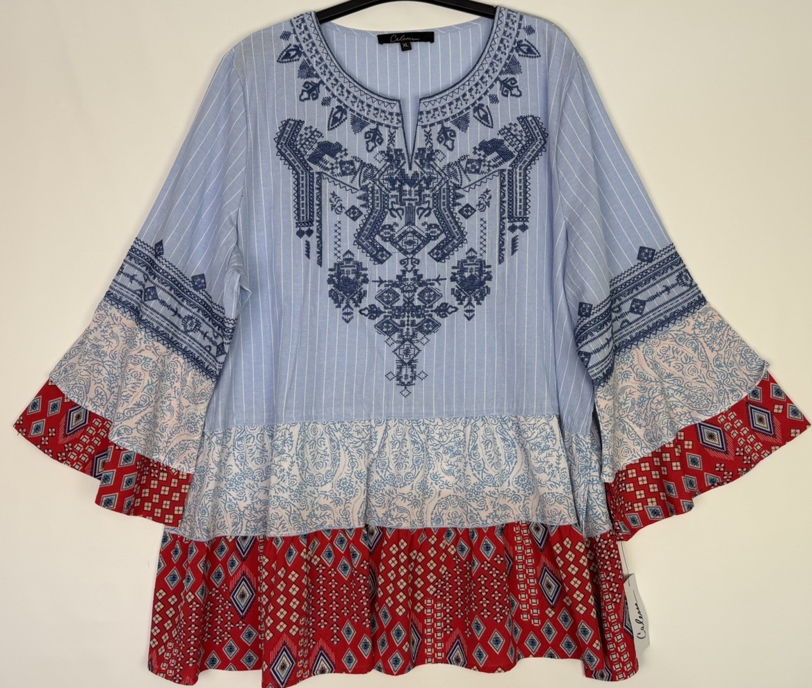 Calessa X-Large / XL Embroidered Mixed Media Print Bell Sleeve Top Blouse NWT