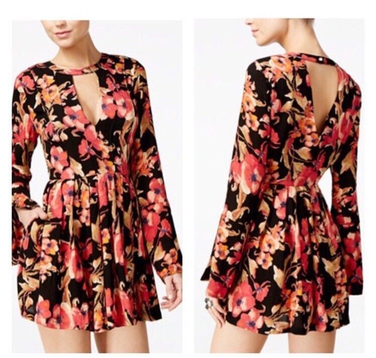 Free People Mini Dress Black & Orange Floral V Neck Bell Sleeve Tegan NWT Size 0