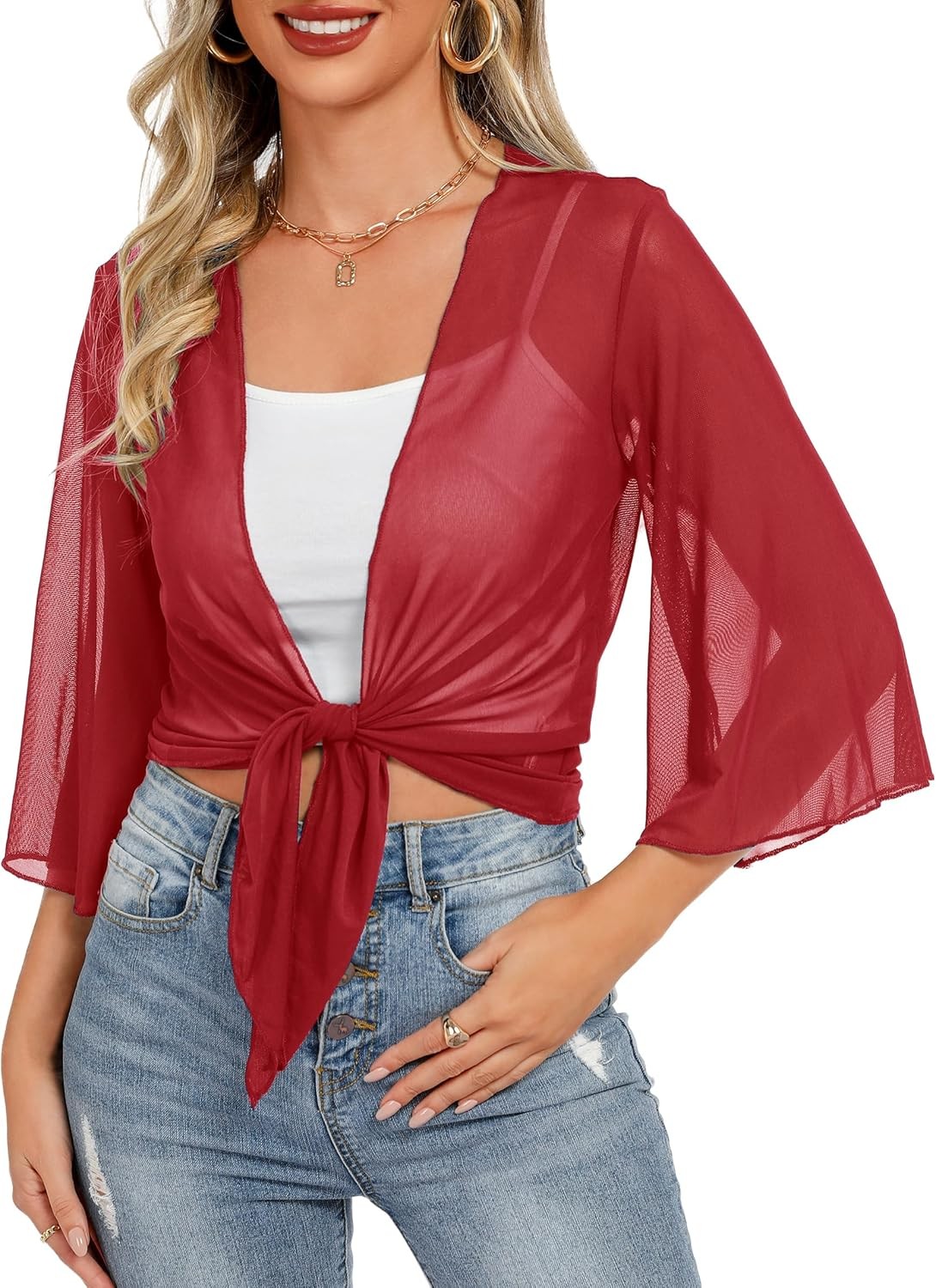 Womens Sheer Shrug Tie Front Cropped Bolero Cardigan Summer Bell Sleeve Top