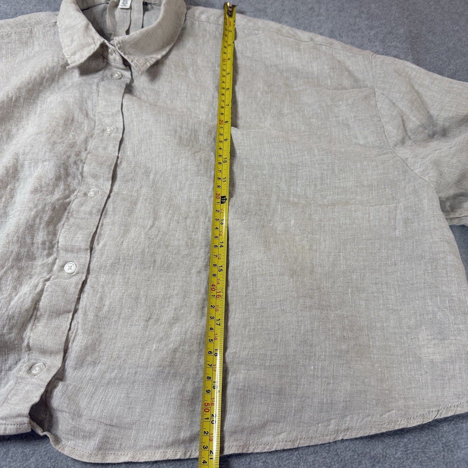 H&M 100% Linen Button Front Shirt Womens XL Beige Oversized Boxy Short Sleeve