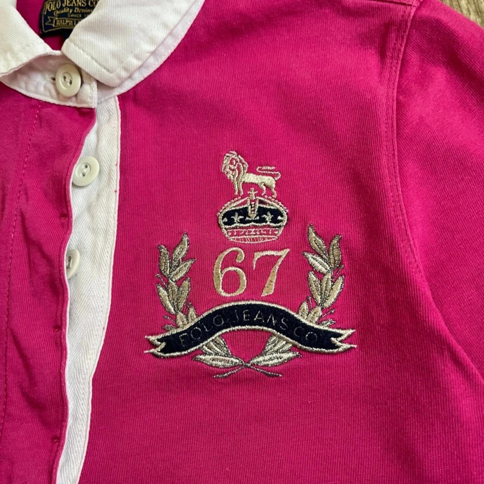 Vintage Polo Ralph Lauren Pink Rugby Shirt Womens Medium Crest Patch Preppy Y2K