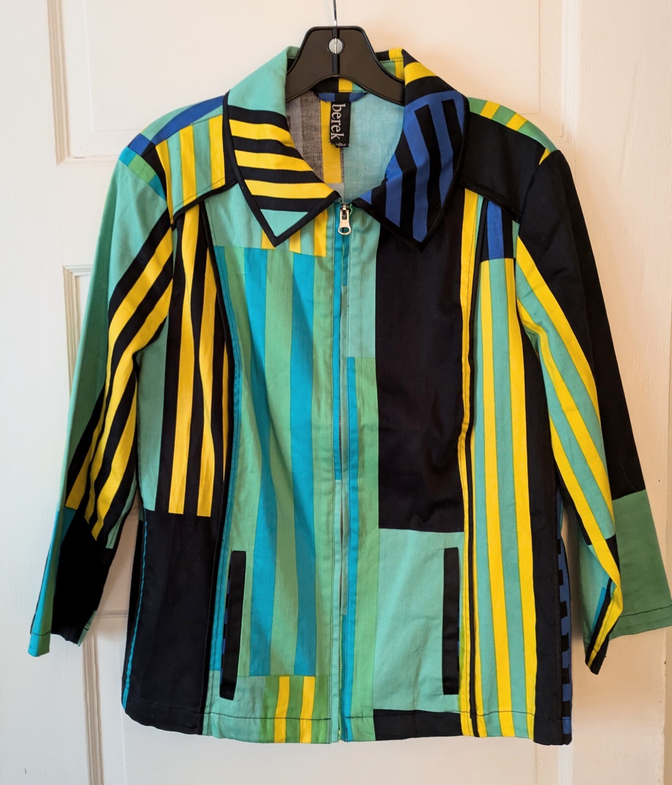 BEREK Multi-Color Stripes Full-Zip Jacket Womens Large Blk/Turq/Yellow/Blue/Grn