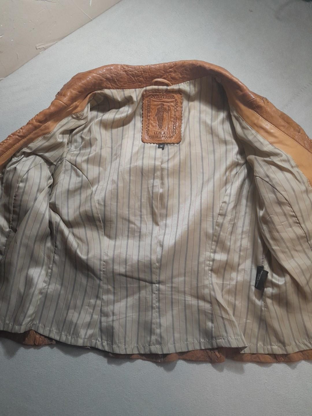 My Tribe Jacket Orange Thick Leather Whipstitch Lined Metal Button Closure USA