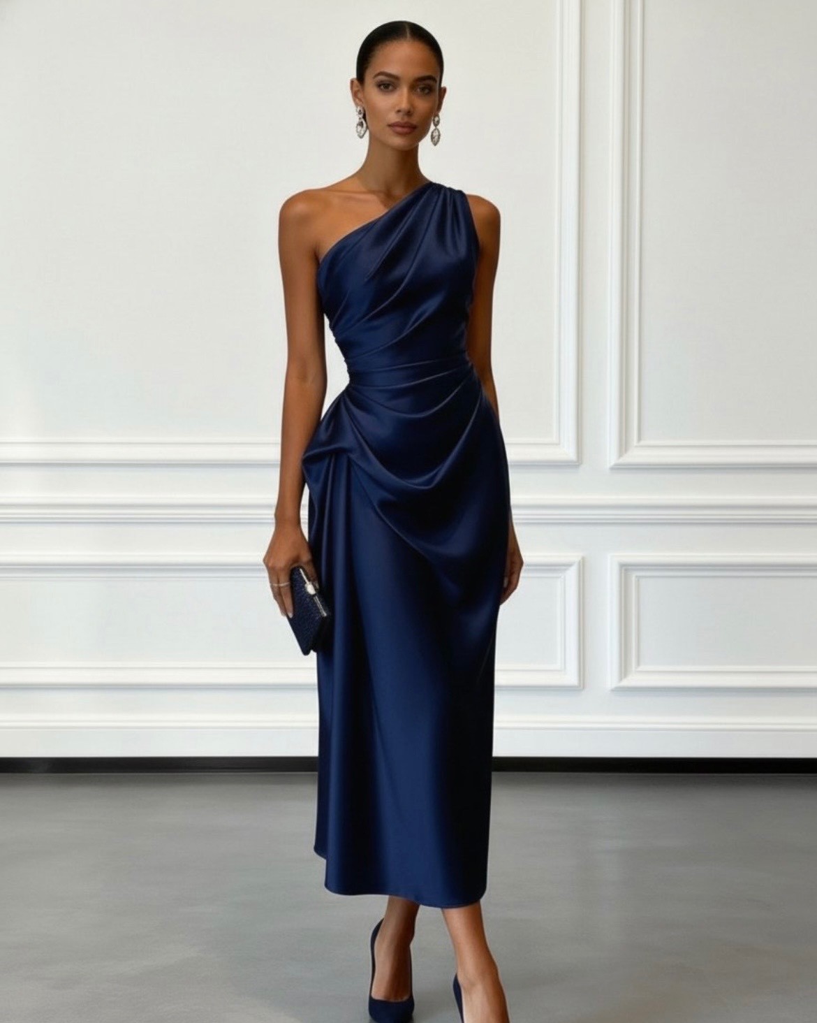 Fehaute – Navy Ruched Satin One Shoulder Sleeveless Sheath Midi Dress