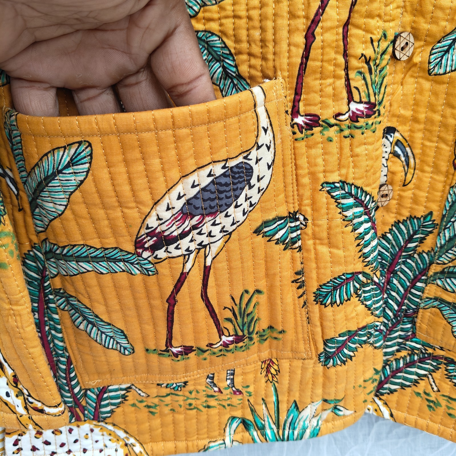 Block Print Cotton Coat, Mustard Yellow Safari Jungle Print Kantha Jacket,