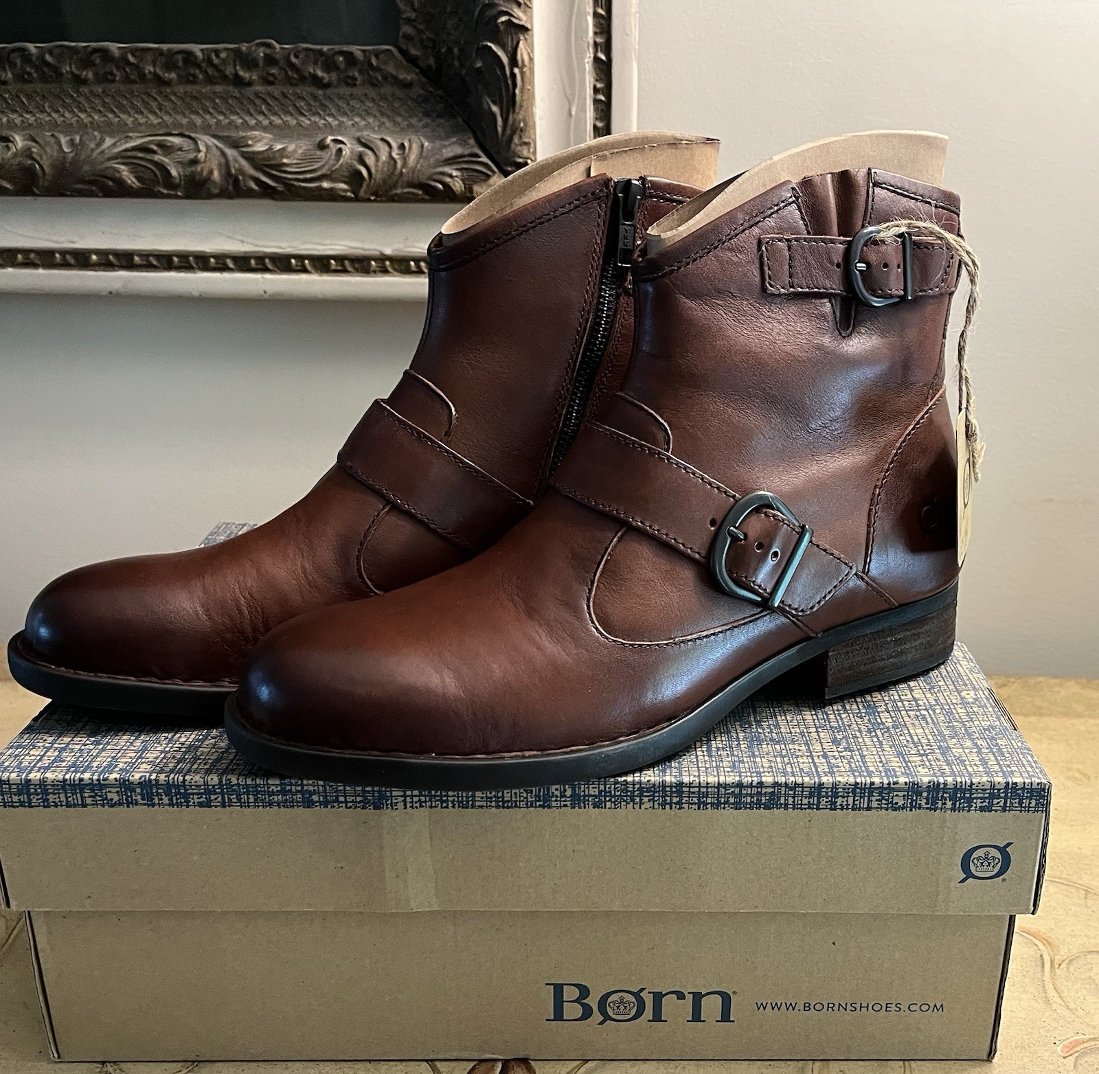 Born Boots Woman’s 9.5M Regis Ankle Bootie Cognac Brown Leather Moto Western NWT