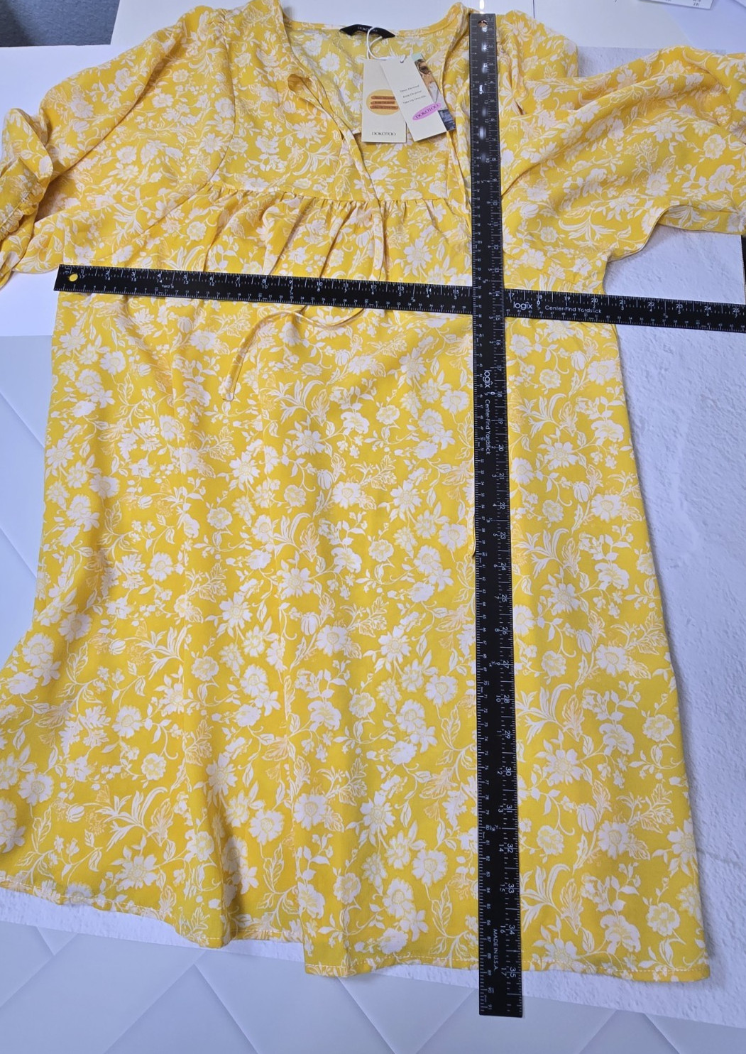 Womens Dress NEW Yellow Floral Peasant Boho Drawstring V Neck Size M Mini NWT