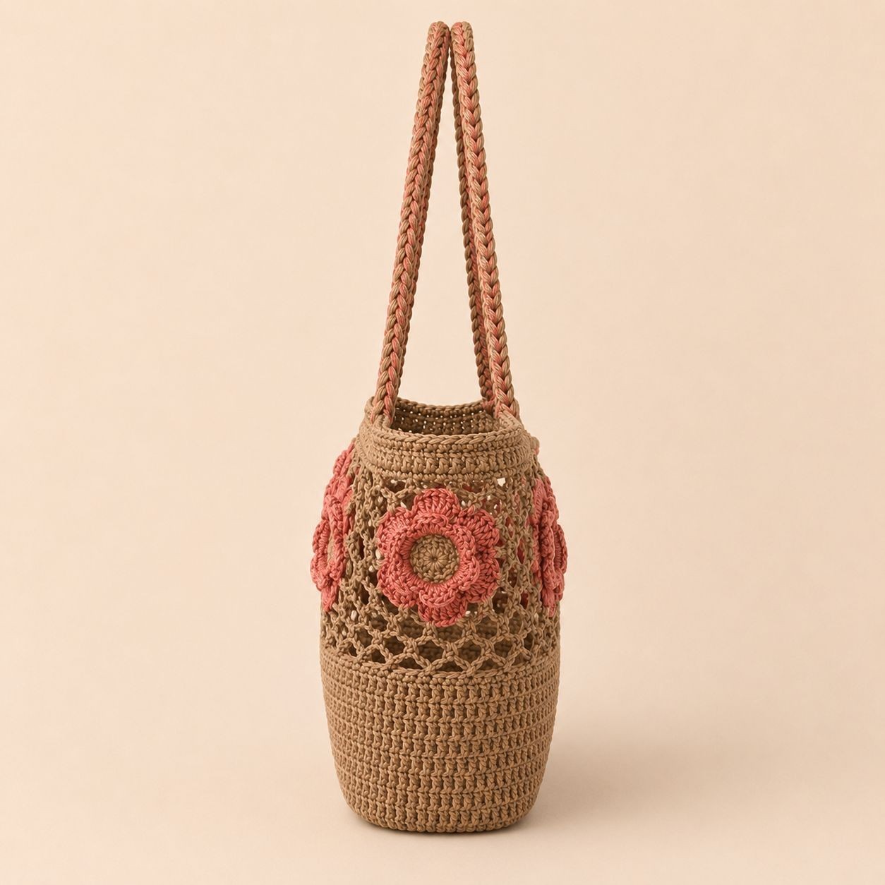 Handmade Crochet Beach Tote Bag Pink Floral Straw Shoulder Bag Boho Summer