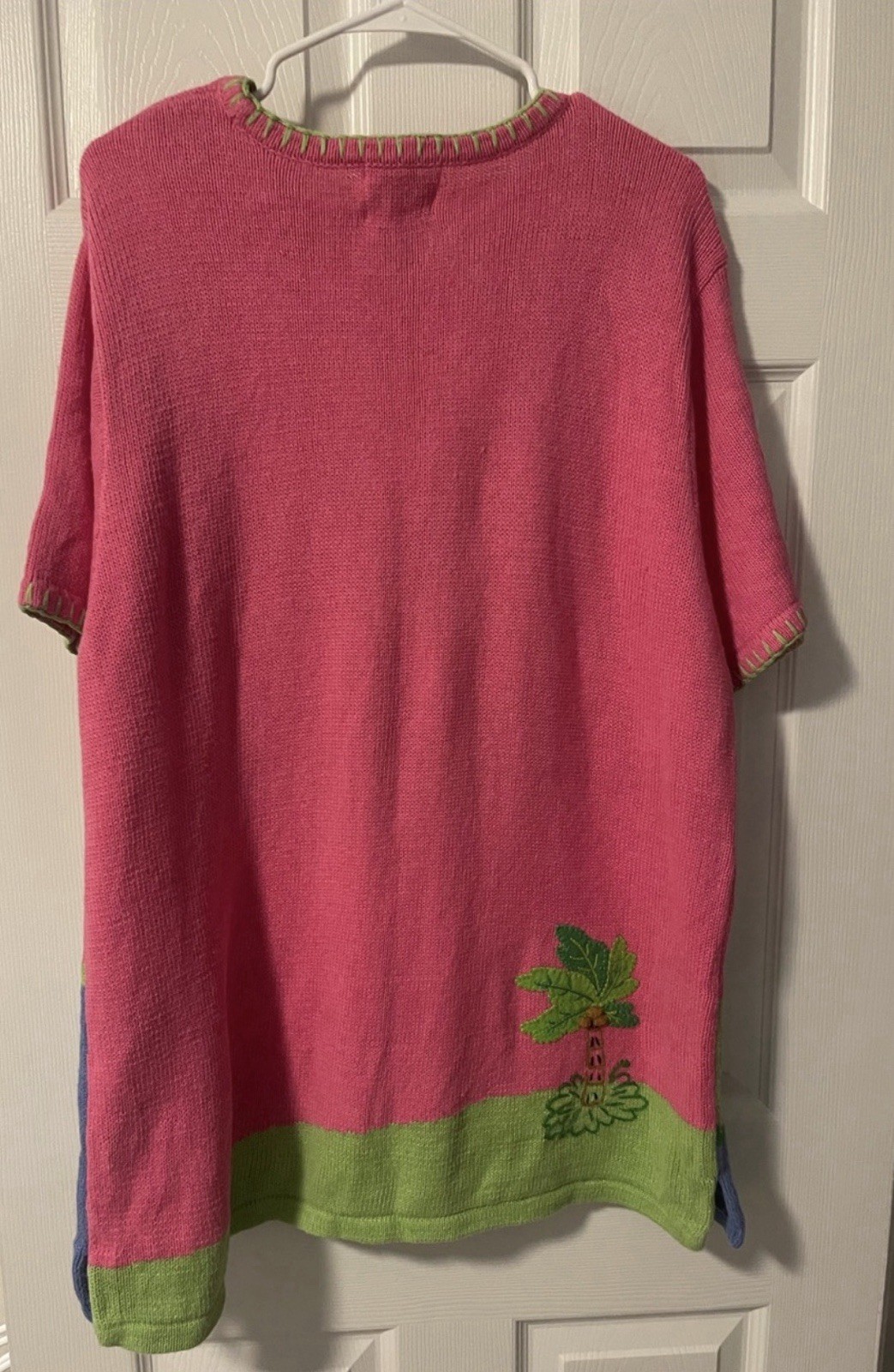 Quacker Factory XL Pink Knit Short Sleeve Sweater Embroidered Flamingo