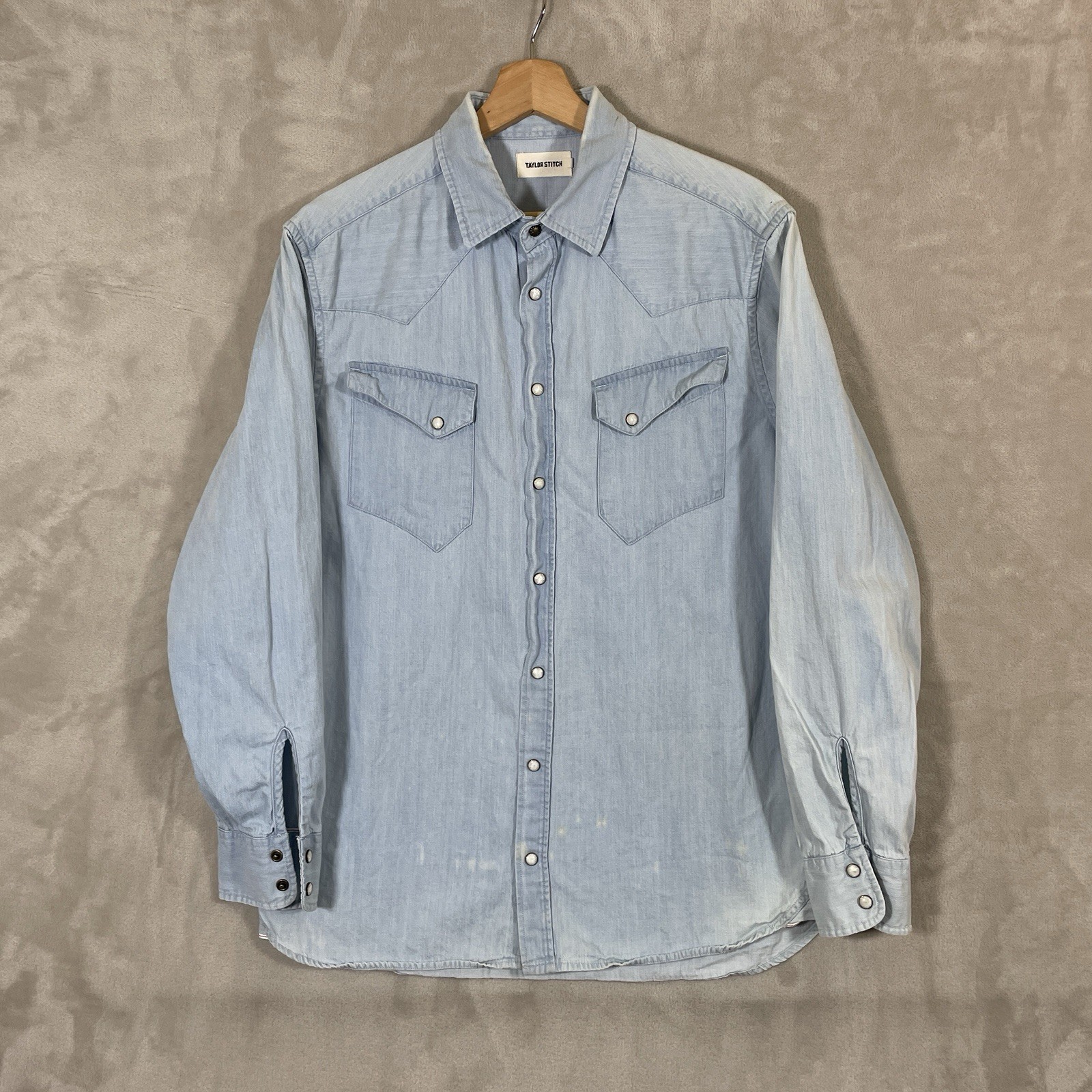Taylor Stitch Selvedge Denim Pearl Snap Shirt Mens 42 Washed Indigo Chambray